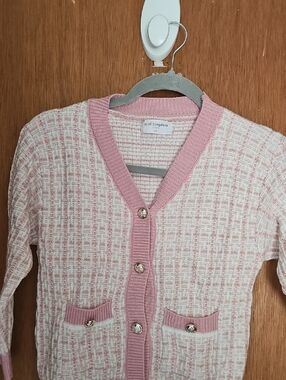 Pink Tweed-Style Girls' Cardigan with Contrast Trim